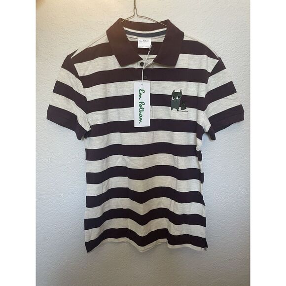 Em Polham Polo Style Collard Striped Shirt Size Medium Women's Maroon Cream - Picture 1 of 7